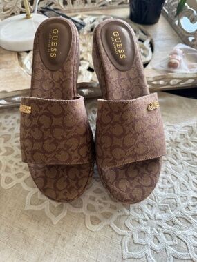 GUESS Brown Monogram Slide Mules with Gold Logo Accent